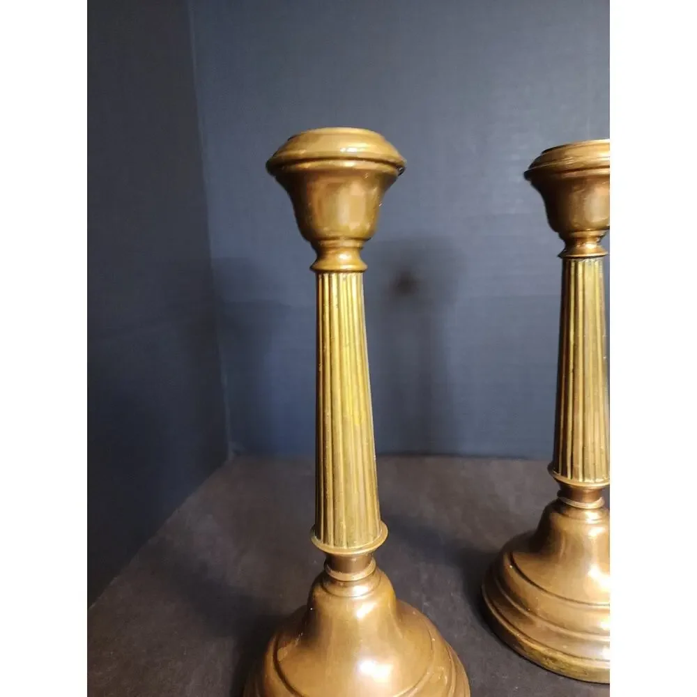 Pair of Antique Brass Candlesticks, Copper Weighted, Column Fluted 8.5